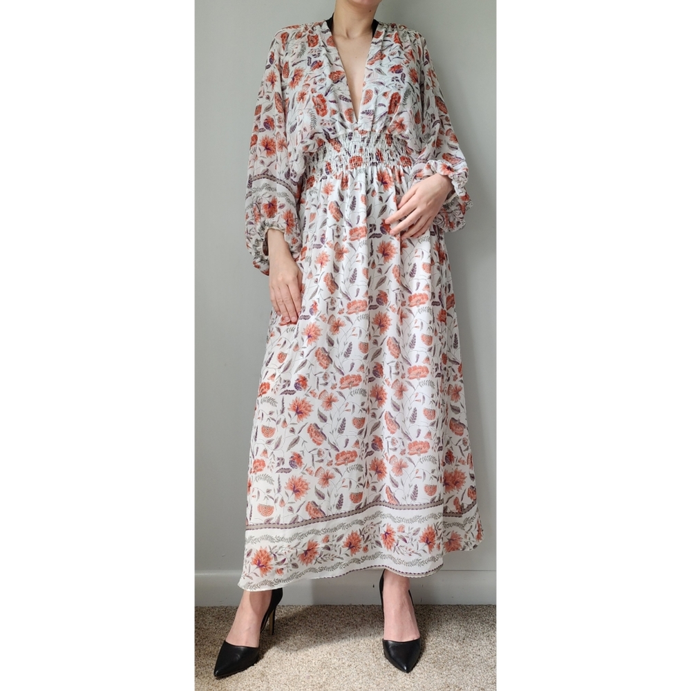 MISA Los Angeles Orange White Floral Maxi Dress M NWT